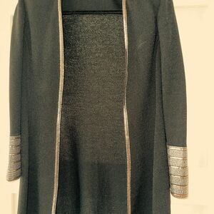 ST JOHN Chic Black Open Front Cardigan with Metallic Trim